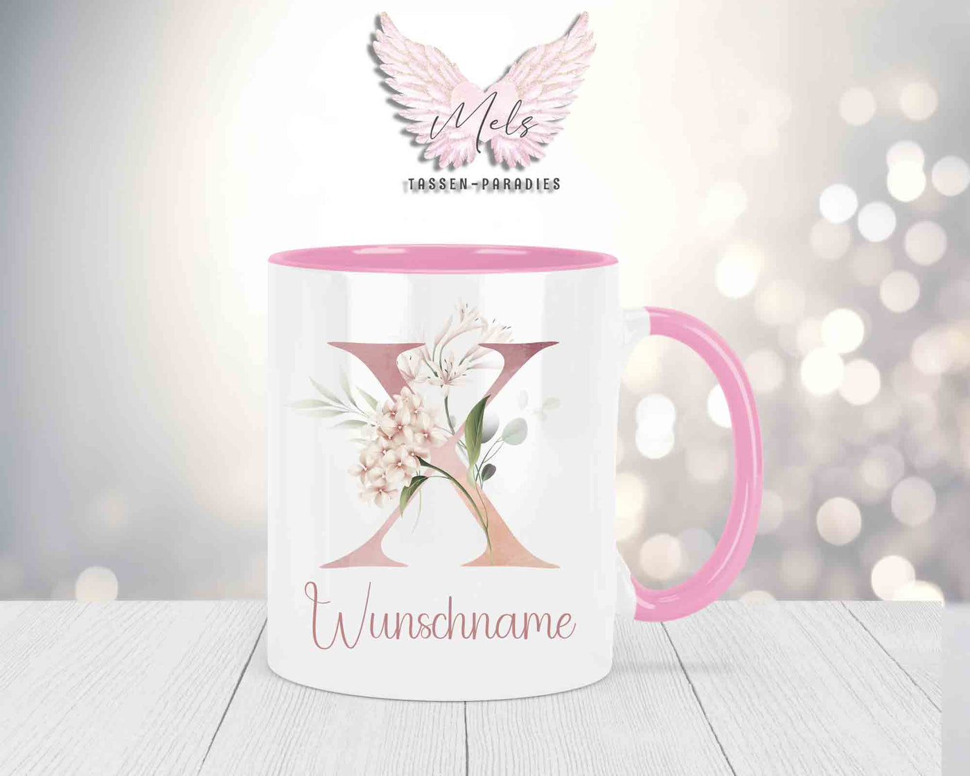 Blumen-Alphabet mit Name - Personalisierte Keramik-Tasse Rosa