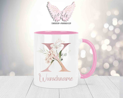 Blumen-Alphabet mit Name - Personalisierte Keramik-Tasse Rosa