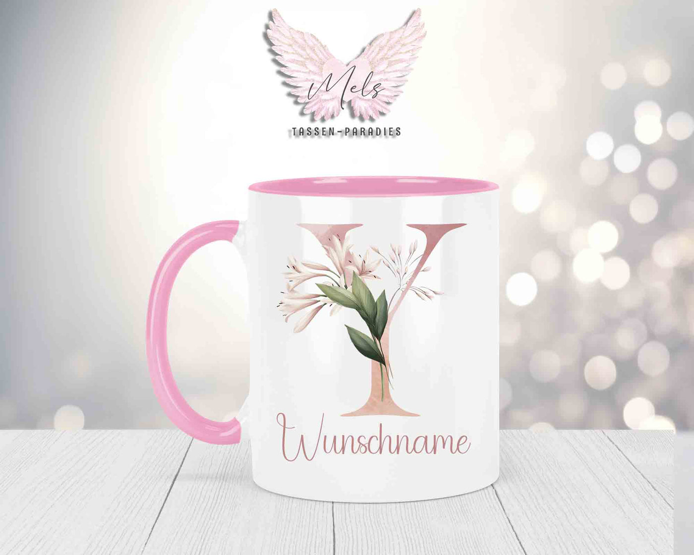 Blumen-Alphabet mit Name - Personalisierte Keramik-Tasse Rosa