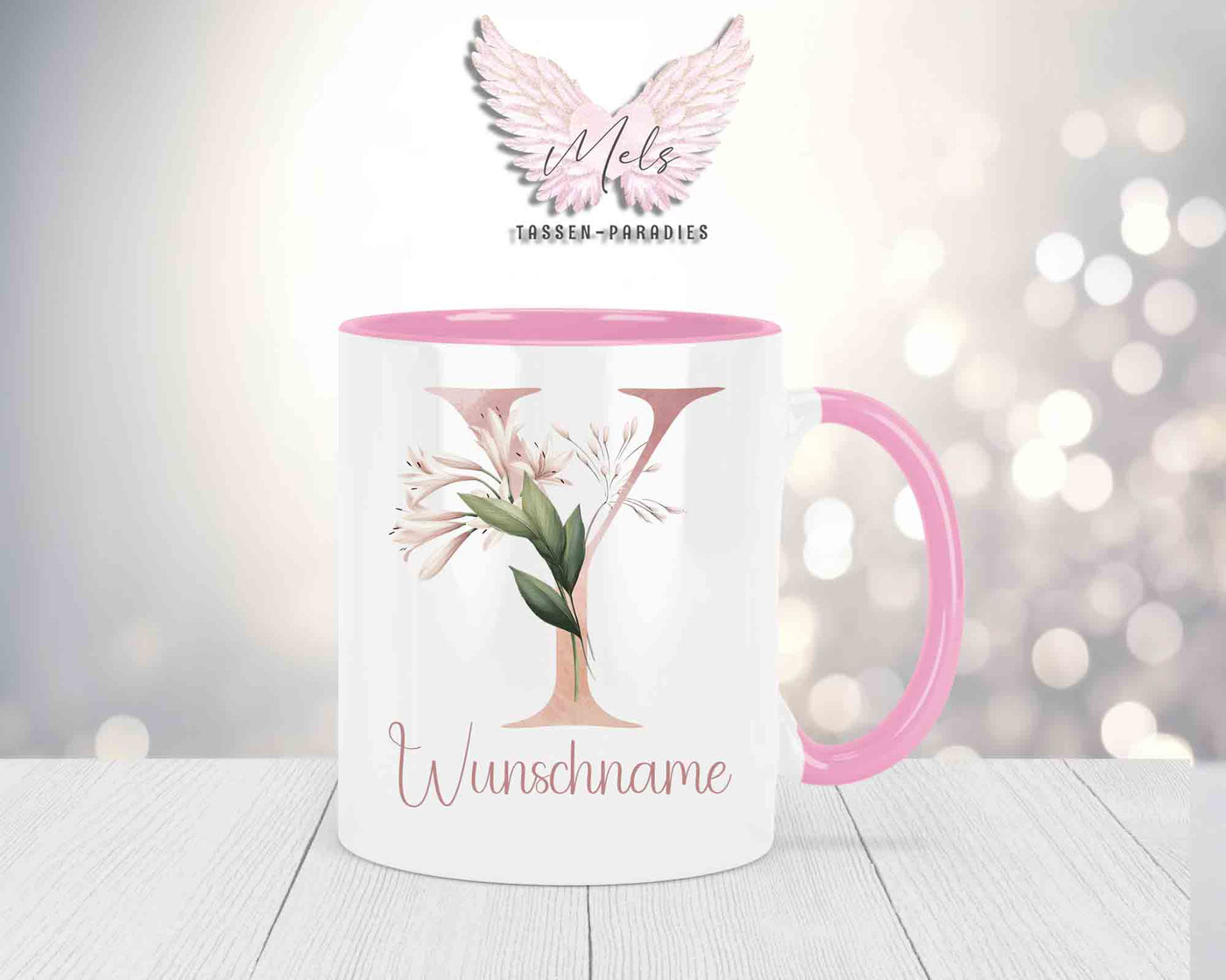 Blumen-Alphabet mit Name - Personalisierte Keramik-Tasse Rosa