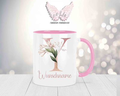 Blumen-Alphabet mit Name - Personalisierte Keramik-Tasse Rosa