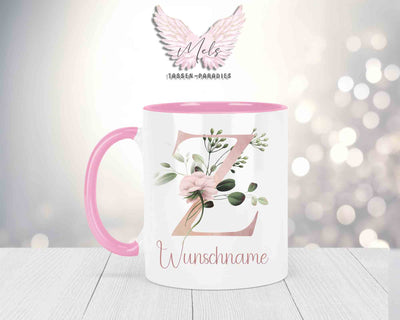 Blumen-Alphabet mit Name - Personalisierte Keramik-Tasse Rosa