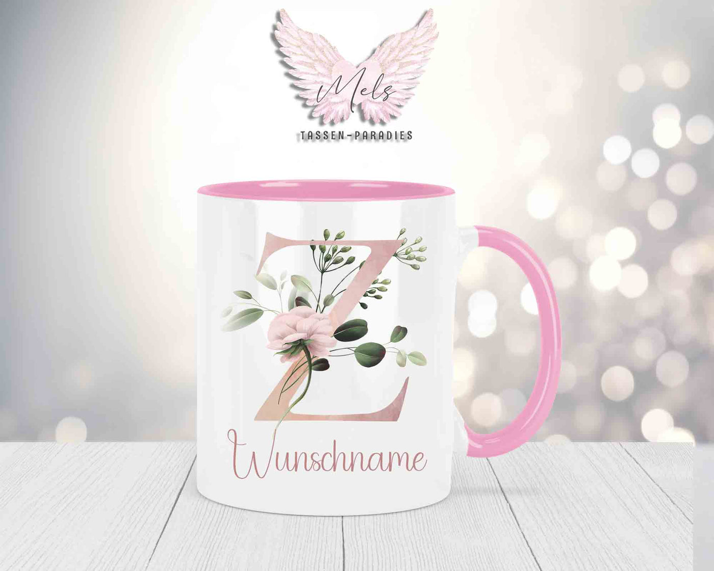 Blumen-Alphabet mit Name - Personalisierte Keramik-Tasse Rosa
