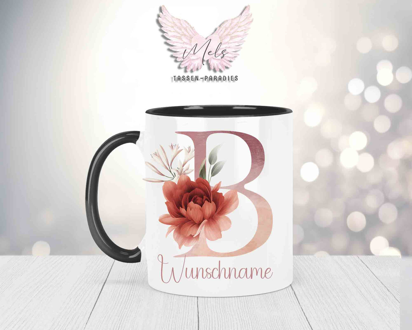 Blumen-Alphabet mit Name - Personalisierte Keramik-Tasse Schwarz
