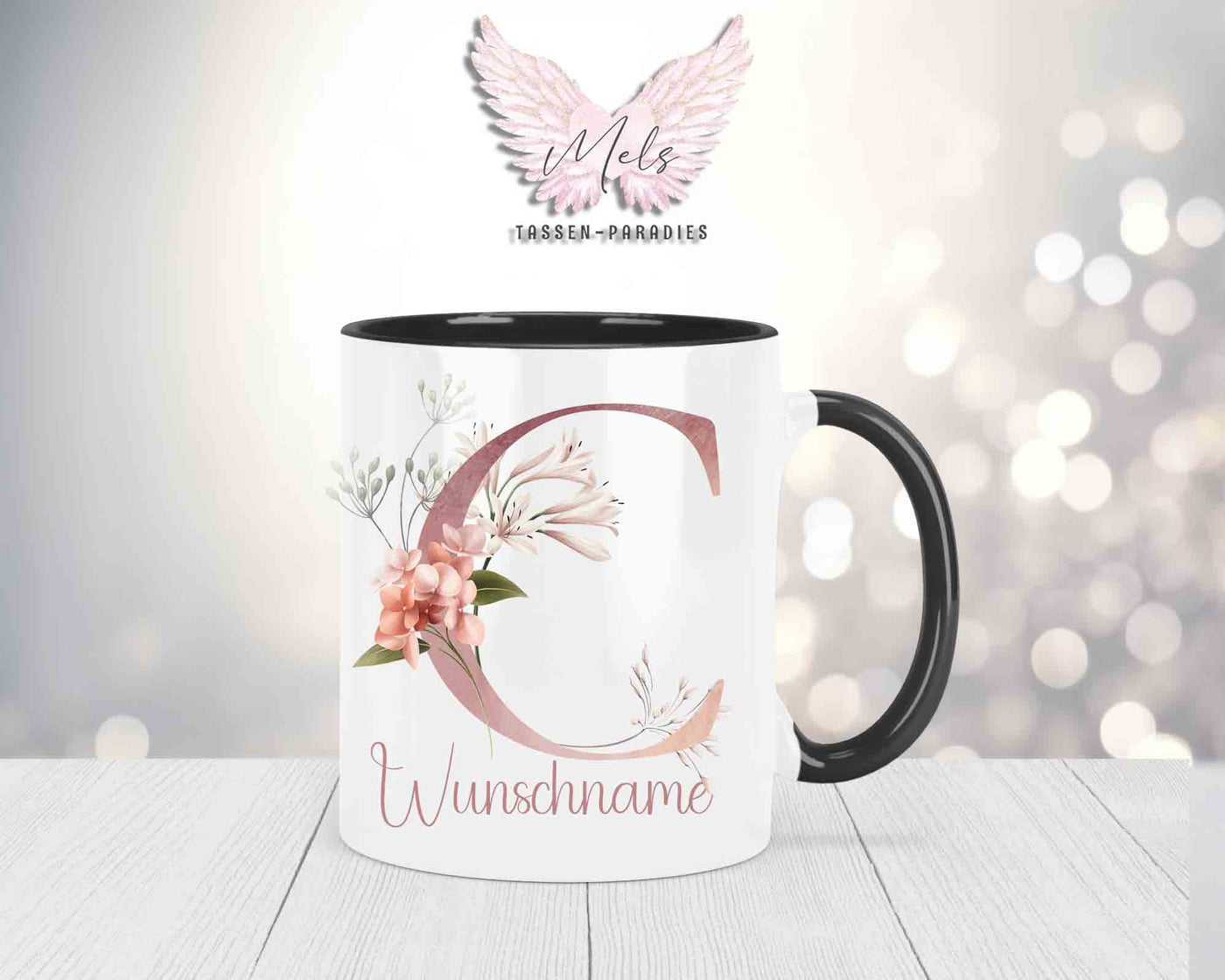 Blumen-Alphabet mit Name - Personalisierte Keramik-Tasse Schwarz
