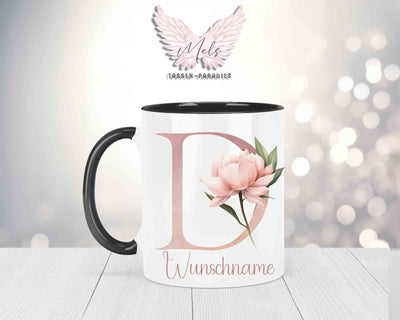 Blumen-Alphabet mit Name - Personalisierte Keramik-Tasse Schwarz