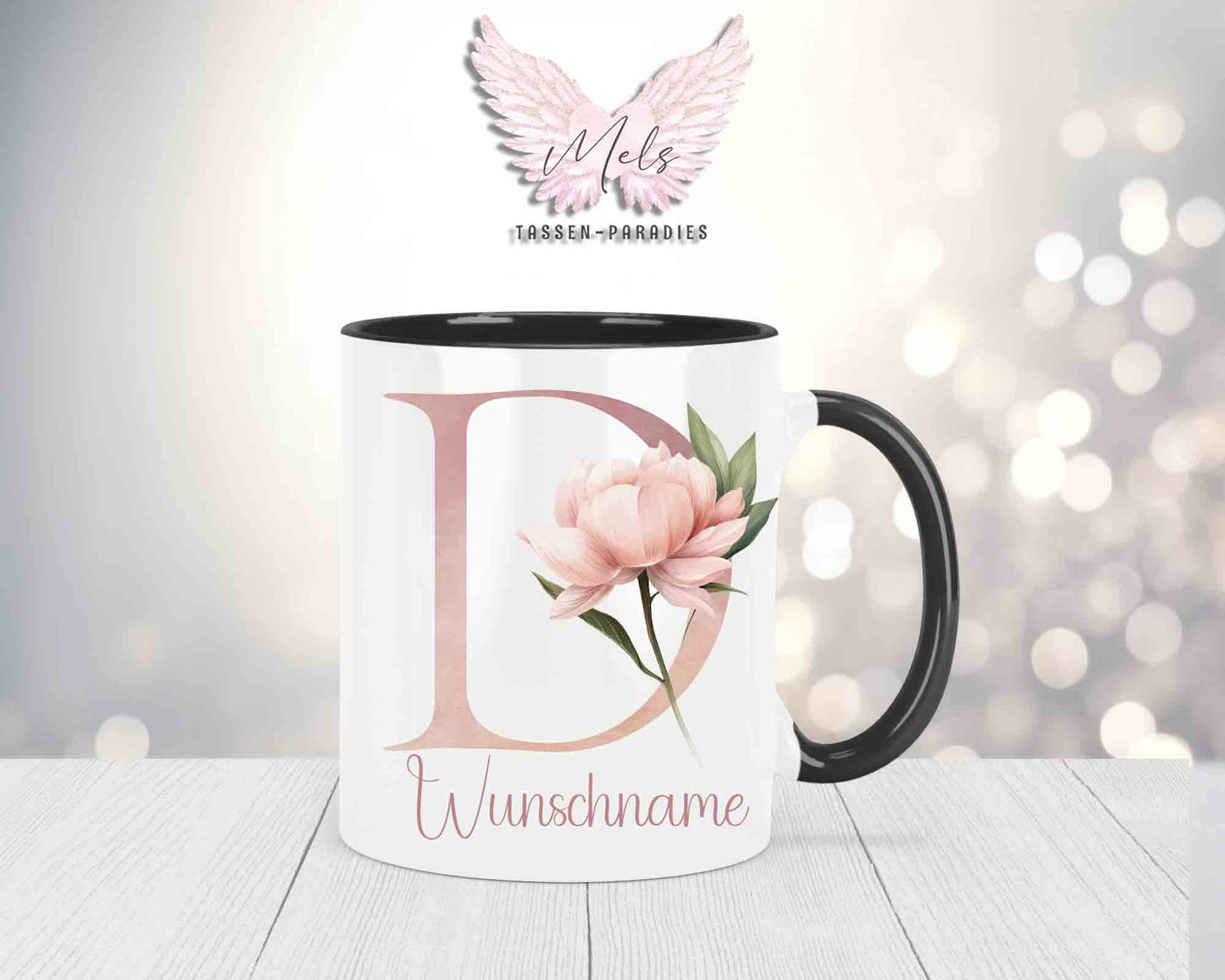 Blumen-Alphabet mit Name - Personalisierte Keramik-Tasse Schwarz