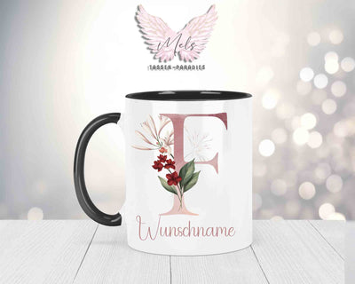 Blumen-Alphabet mit Name - Personalisierte Keramik-Tasse Schwarz