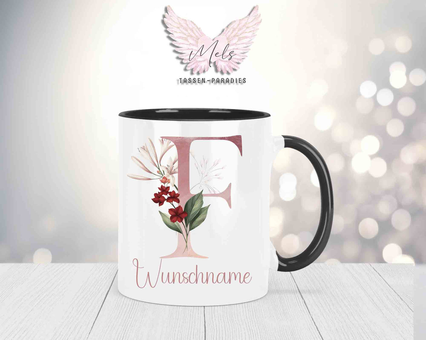Blumen-Alphabet mit Name - Personalisierte Keramik-Tasse Schwarz