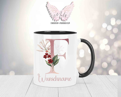 Blumen-Alphabet mit Name - Personalisierte Keramik-Tasse Schwarz