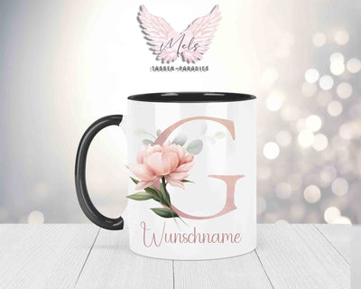Blumen-Alphabet mit Name - Personalisierte Keramik-Tasse Schwarz