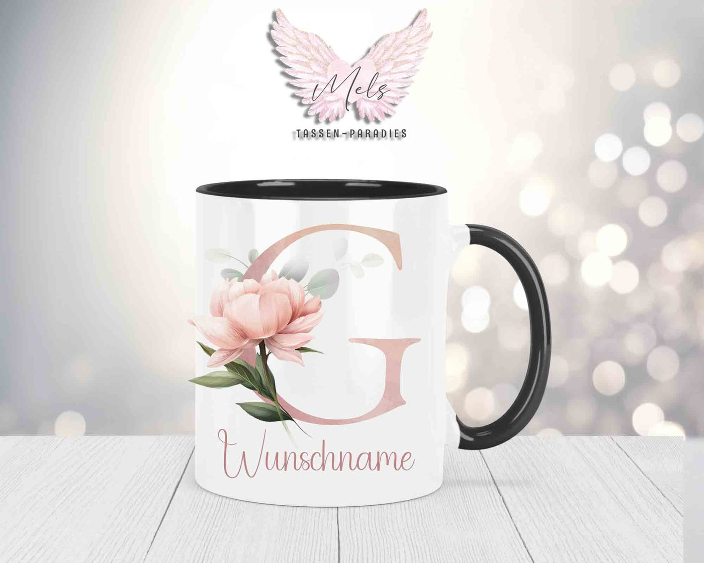 Blumen-Alphabet mit Name - Personalisierte Keramik-Tasse Schwarz