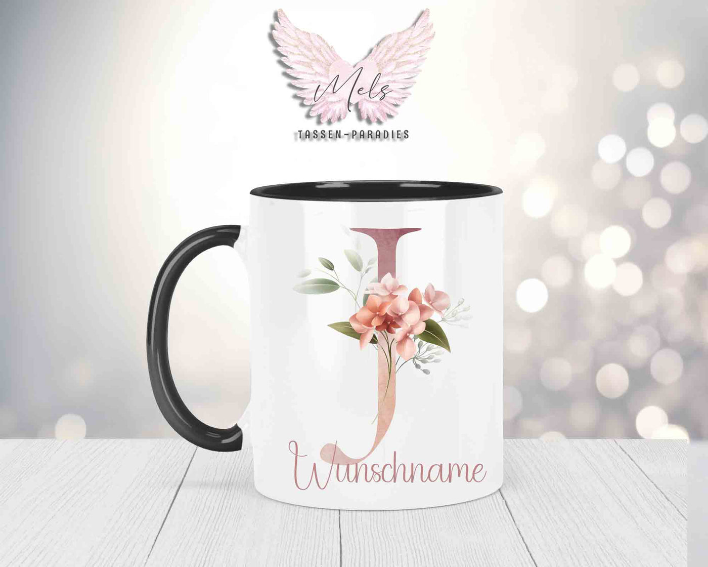Blumen-Alphabet mit Name - Personalisierte Keramik-Tasse Schwarz