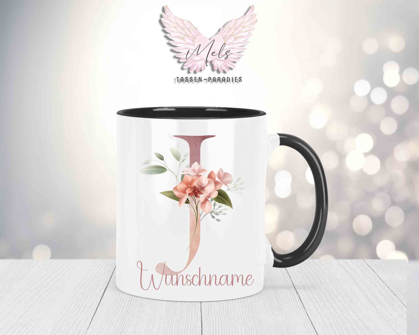Blumen-Alphabet mit Name - Personalisierte Keramik-Tasse Schwarz
