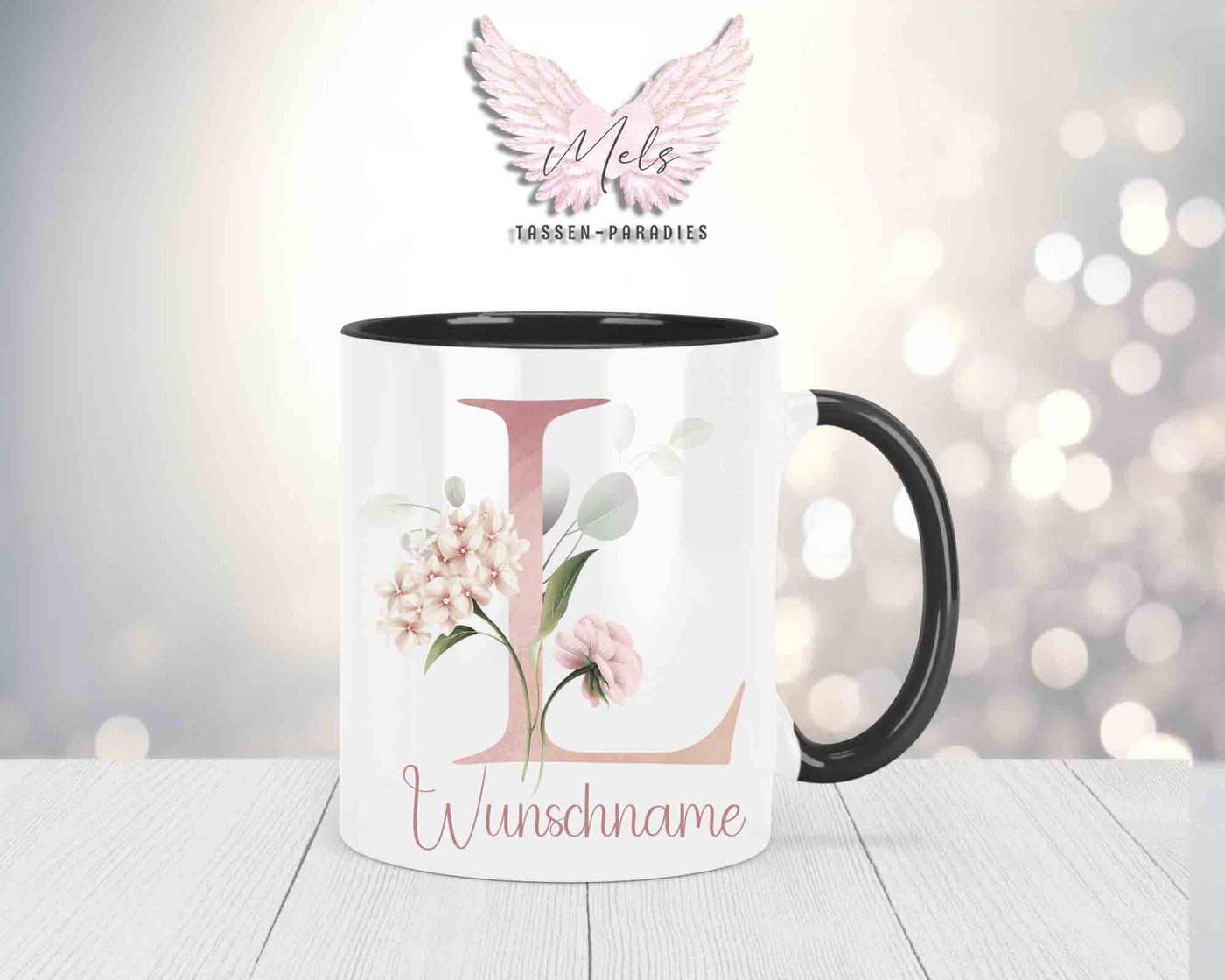 Blumen-Alphabet mit Name - Personalisierte Keramik-Tasse Schwarz