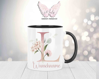 Blumen-Alphabet mit Name - Personalisierte Keramik-Tasse Schwarz