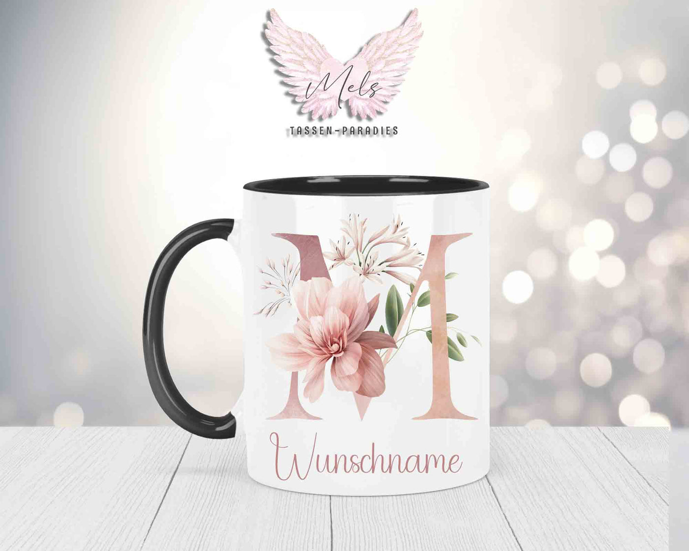 Blumen-Alphabet mit Name - Personalisierte Keramik-Tasse Schwarz