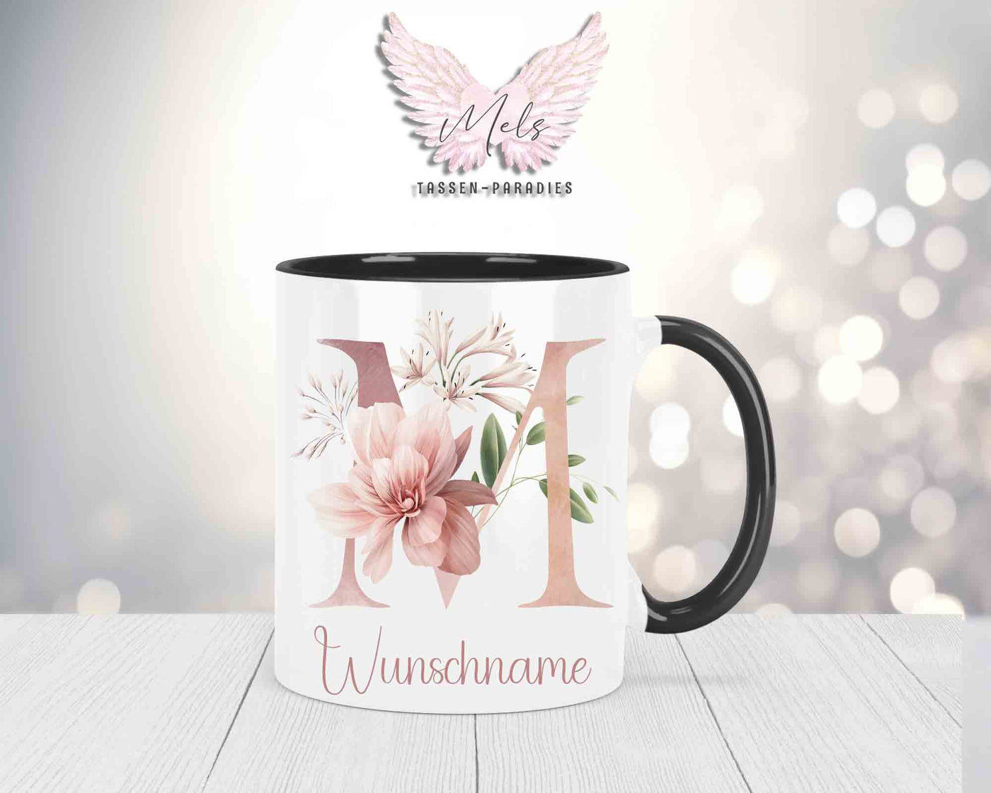 Blumen-Alphabet mit Name - Personalisierte Keramik-Tasse Schwarz