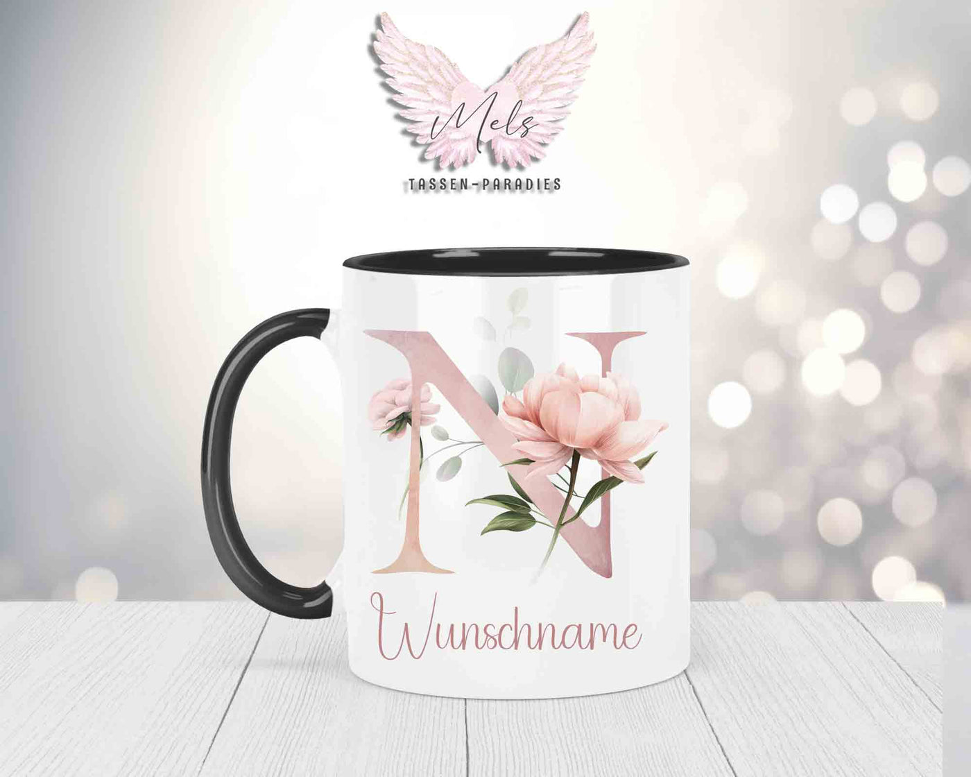 Blumen-Alphabet mit Name - Personalisierte Keramik-Tasse Schwarz