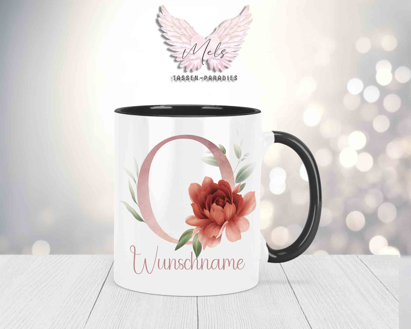 Blumen-Alphabet mit Name - Personalisierte Keramik-Tasse Schwarz