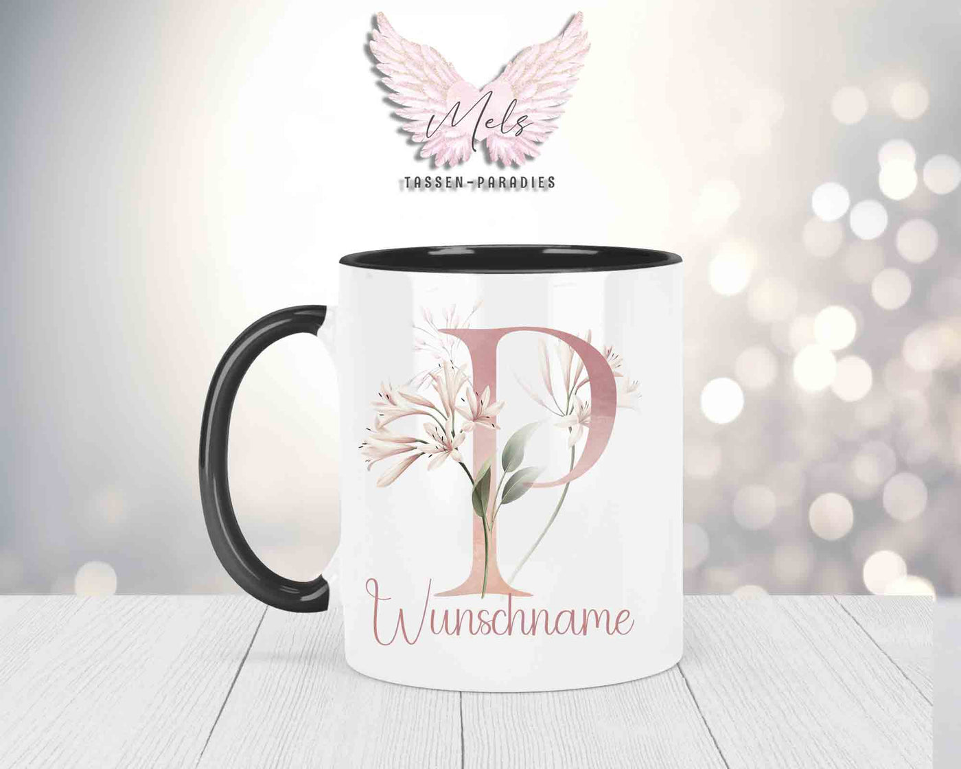 Blumen-Alphabet mit Name - Personalisierte Keramik-Tasse Schwarz