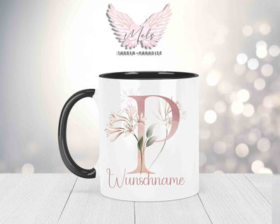 Blumen-Alphabet mit Name - Personalisierte Keramik-Tasse Schwarz