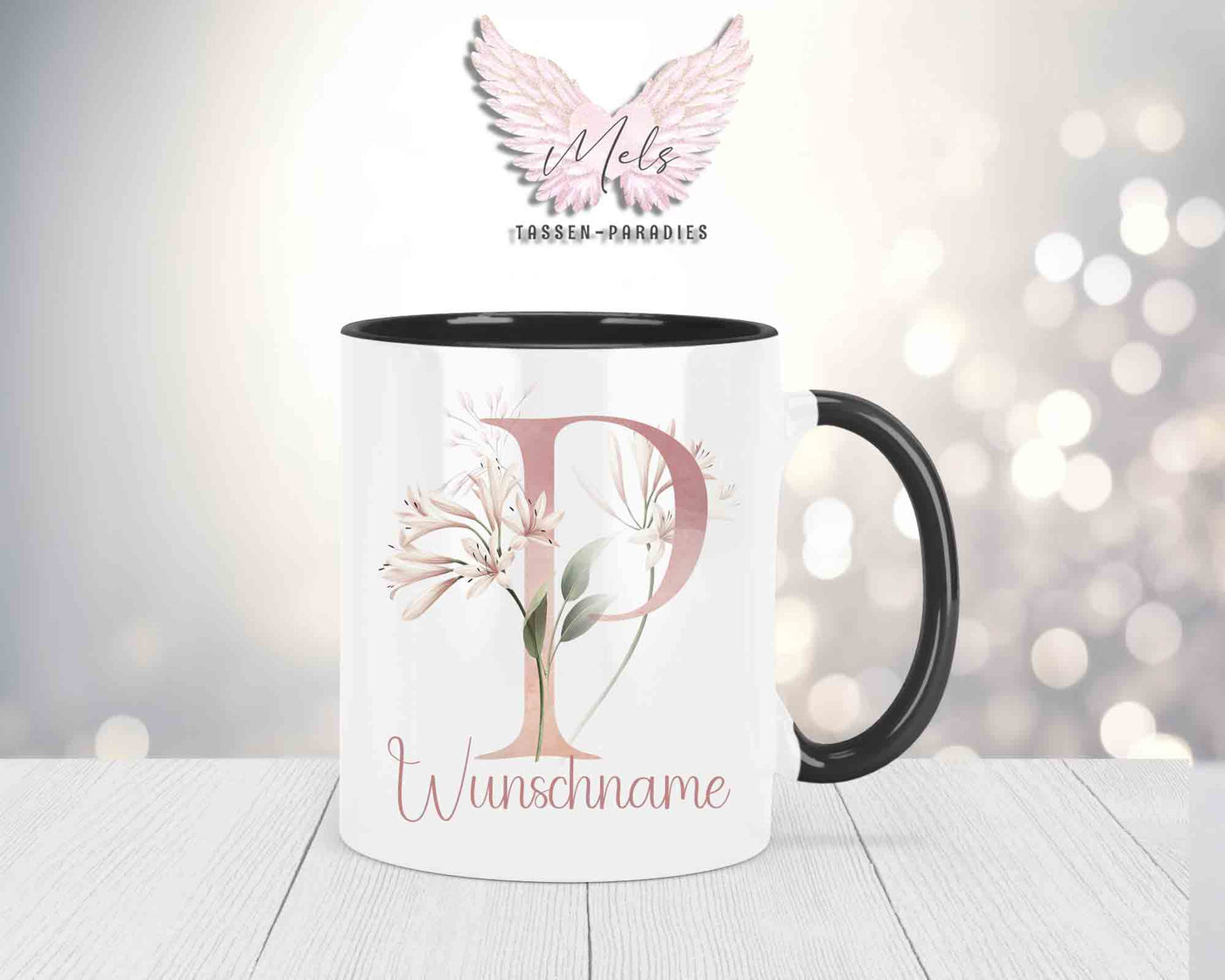 Blumen-Alphabet mit Name - Personalisierte Keramik-Tasse Schwarz