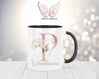 Blumen-Alphabet mit Name - Personalisierte Keramik-Tasse Schwarz
