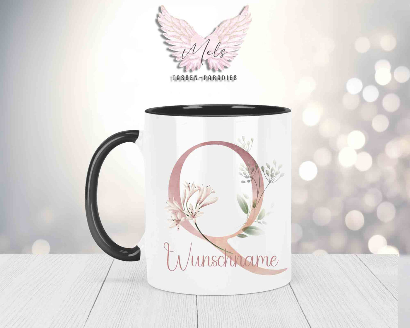 Blumen-Alphabet mit Name - Personalisierte Keramik-Tasse Schwarz