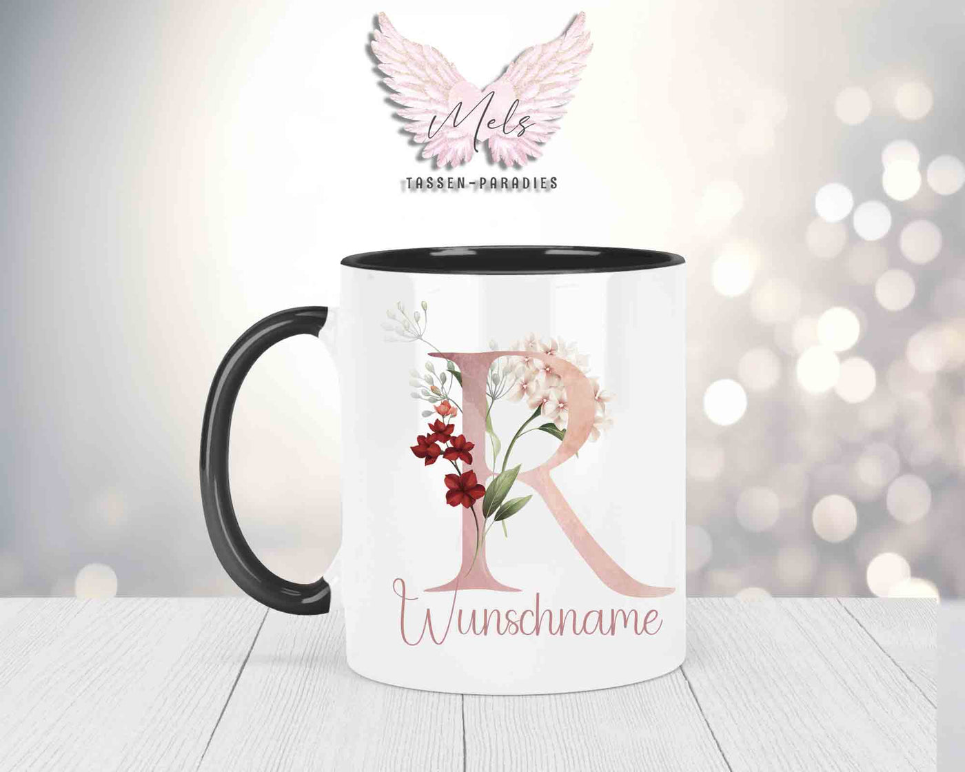 Blumen-Alphabet mit Name - Personalisierte Keramik-Tasse Schwarz