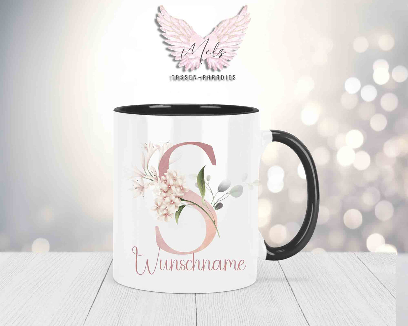 Blumen-Alphabet mit Name - Personalisierte Keramik-Tasse Schwarz