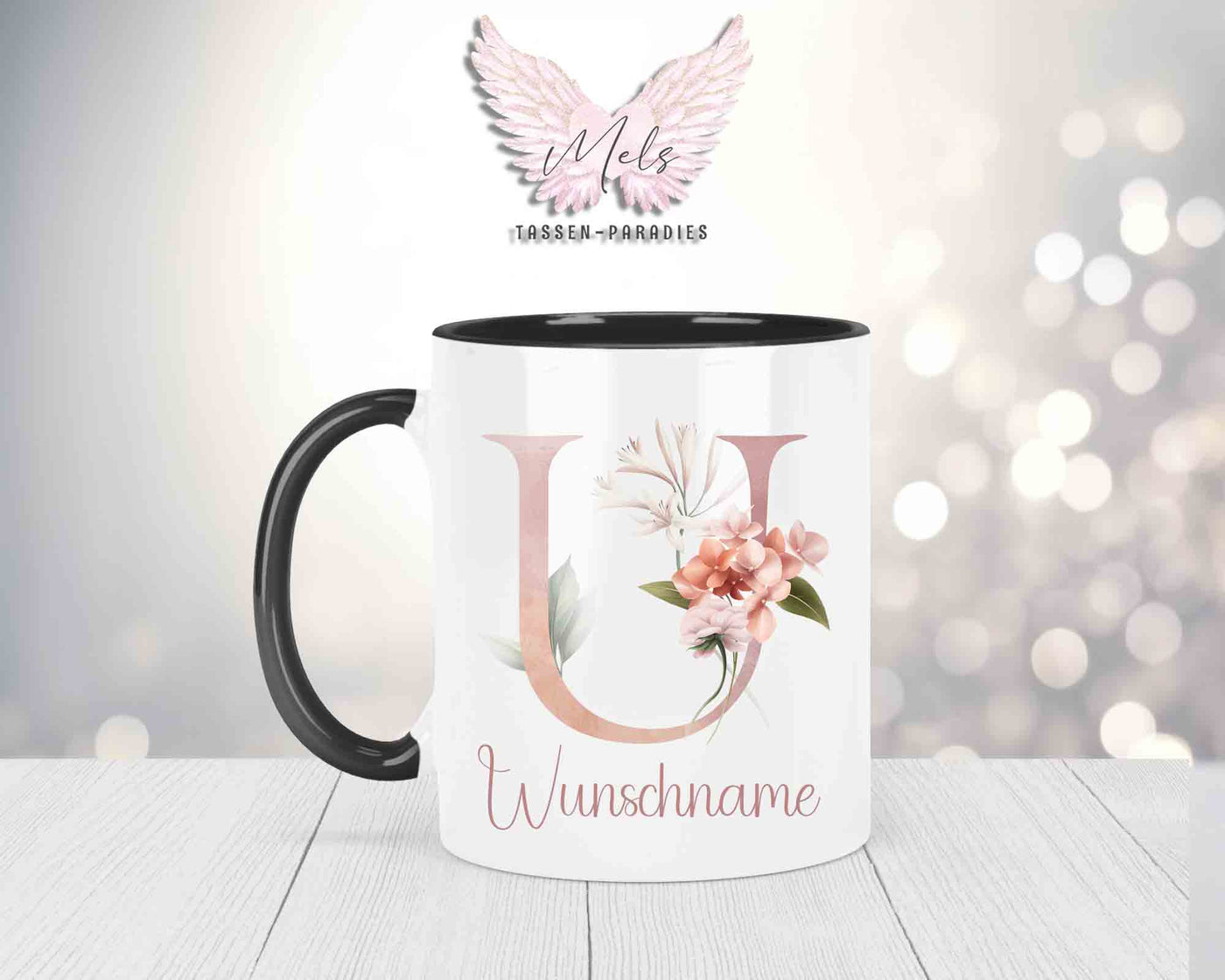 Blumen-Alphabet mit Name - Personalisierte Keramik-Tasse Schwarz