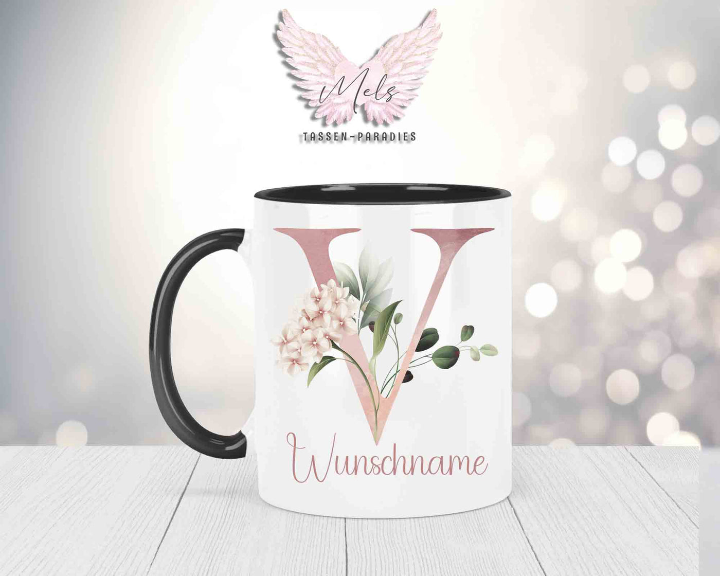Blumen-Alphabet mit Name - Personalisierte Keramik-Tasse Schwarz