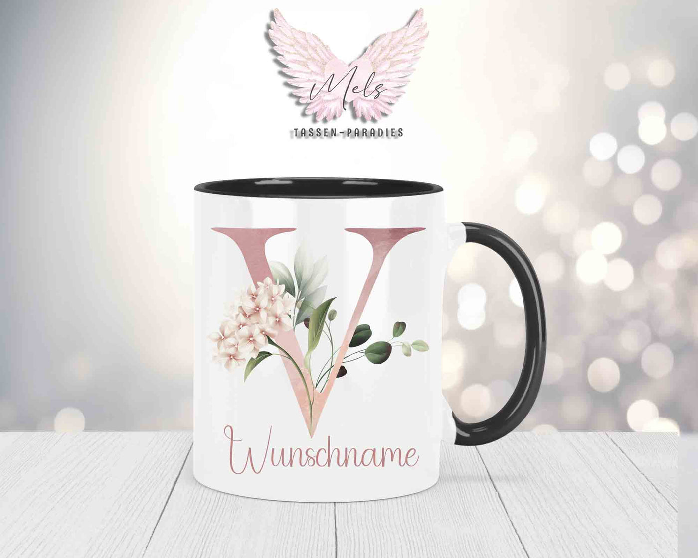 Blumen-Alphabet mit Name - Personalisierte Keramik-Tasse Schwarz