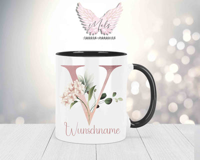 Blumen-Alphabet mit Name - Personalisierte Keramik-Tasse Schwarz