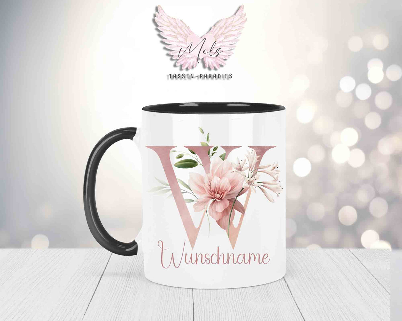 Blumen-Alphabet mit Name - Personalisierte Keramik-Tasse Schwarz