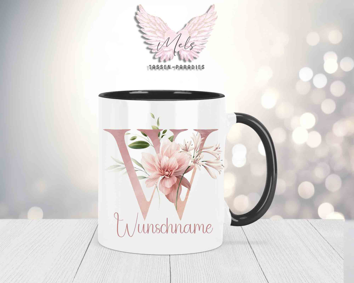 Blumen-Alphabet mit Name - Personalisierte Keramik-Tasse Schwarz