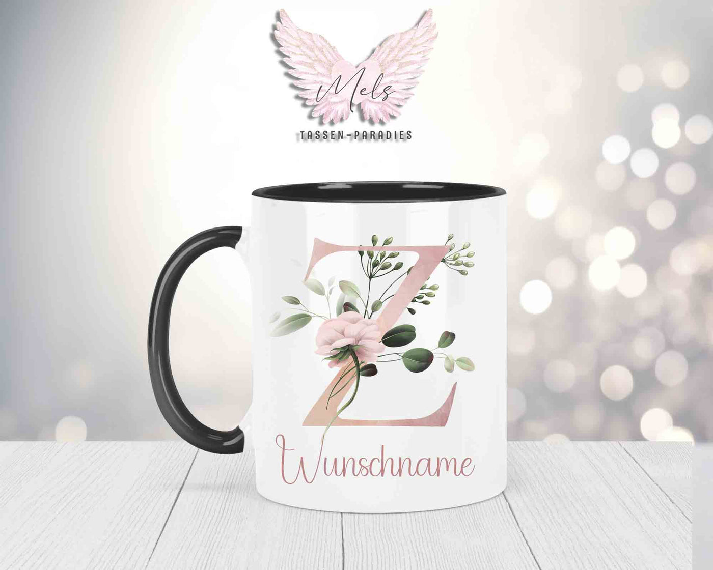 Blumen-Alphabet mit Name - Personalisierte Keramik-Tasse Schwarz