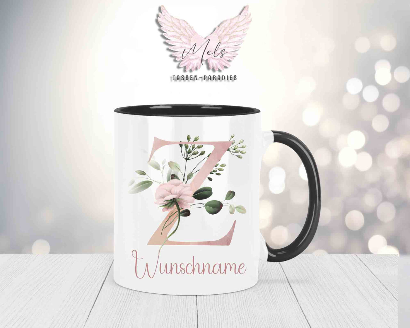 Blumen-Alphabet mit Name - Personalisierte Keramik-Tasse Schwarz