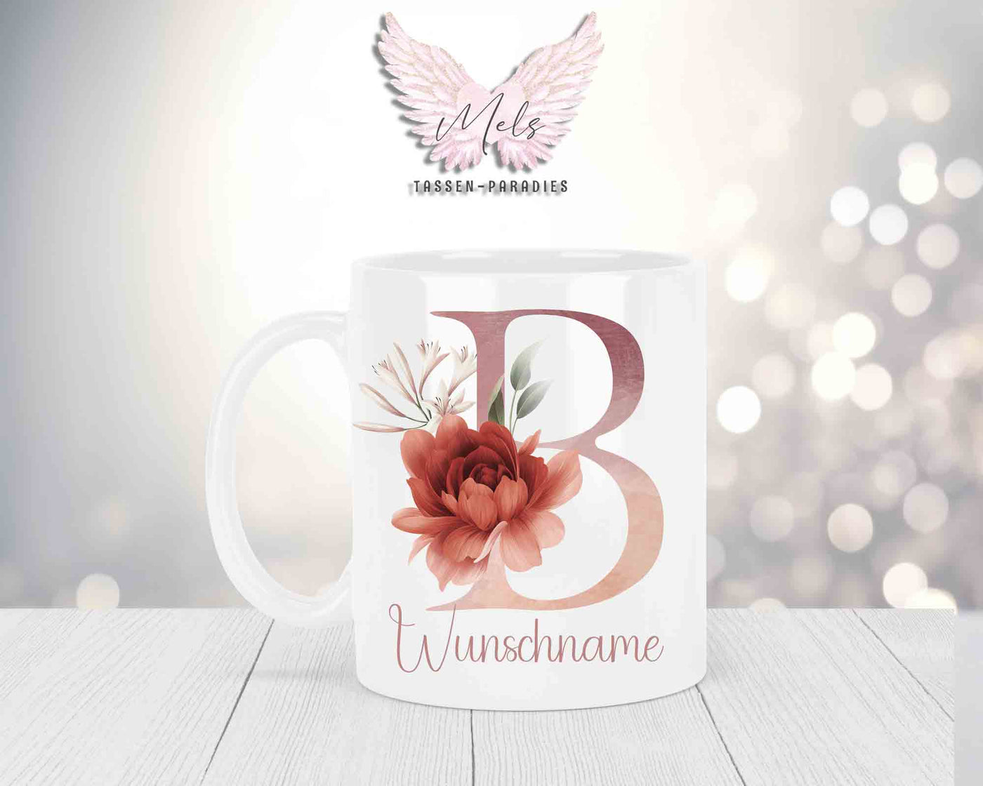 Personalisierte Keramik-Tasse in Weiß-mit Blumen-Alphabet & Namen