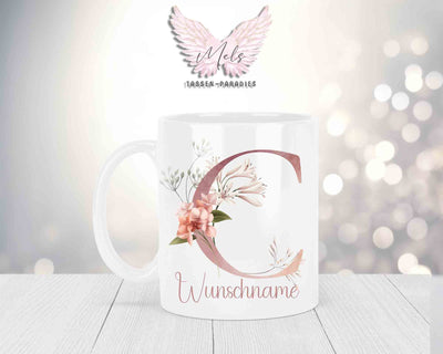 Personalisierte Keramik-Tasse in Weiß-mit Blumen-Alphabet & Namen