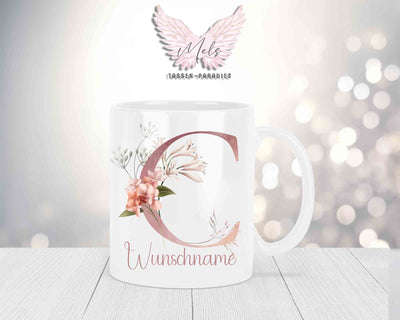 Personalisierte Keramik-Tasse in Weiß-mit Blumen-Alphabet & Namen