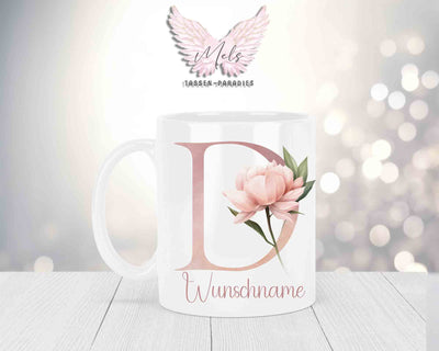 Personalisierte Keramik-Tasse in Weiß-mit Blumen-Alphabet & Namen