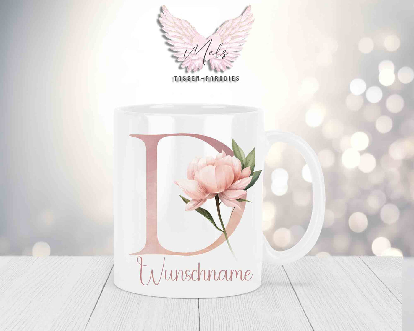 Personalisierte Keramik-Tasse in Weiß-mit Blumen-Alphabet & Namen