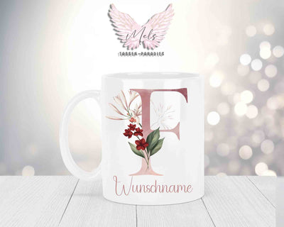 Personalisierte Keramik-Tasse in Weiß-mit Blumen-Alphabet & Namen