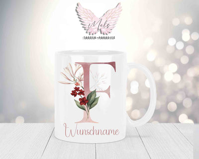 Personalisierte Keramik-Tasse in Weiß-mit Blumen-Alphabet & Namen