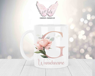 Personalisierte Keramik-Tasse in Weiß-mit Blumen-Alphabet & Namen