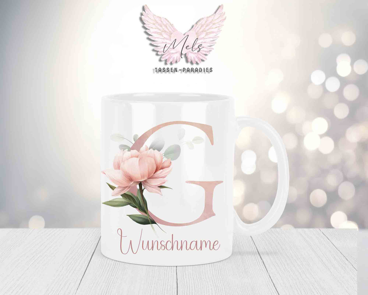 Personalisierte Keramik-Tasse in Weiß-mit Blumen-Alphabet & Namen