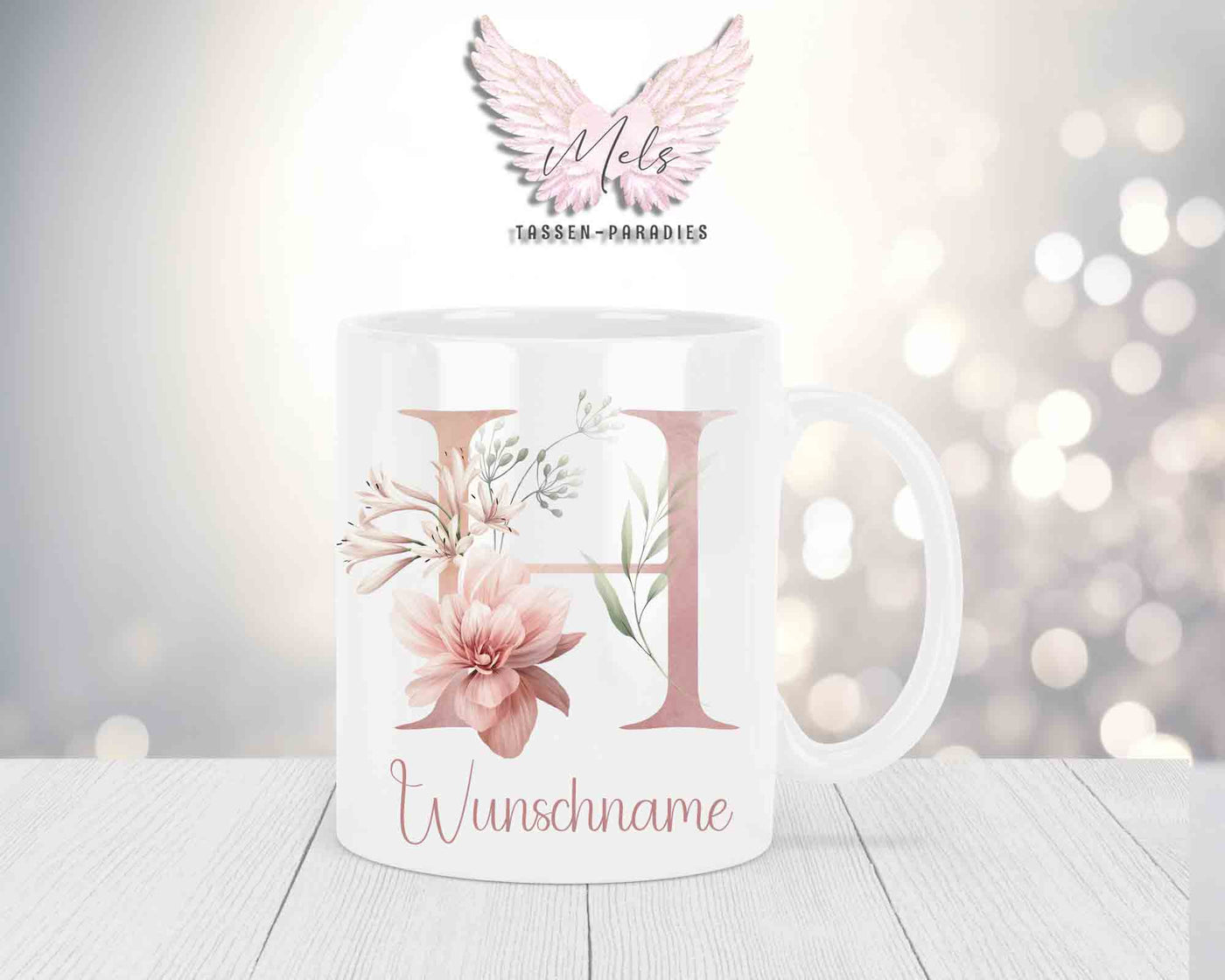 Personalisierte Keramik-Tasse in Weiß-mit Blumen-Alphabet & Namen
