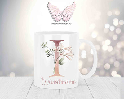 Personalisierte Keramik-Tasse in Weiß-mit Blumen-Alphabet & Namen